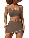 Conjunto de biquíni ZAFUL Color Block Wrap Skort feminino, marrom, tamanho M