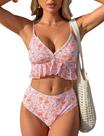 Conjunto de biquíni ZAFUL, roupa de banho feminina floral de cintura alta com decote em V Conjunto de biquíni ZAFUL, roupa de banho feminina floral de cintura alta com decote em V
