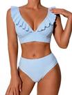 Conjunto de biquíni ZAFUL Ruffle, cintura alta, listrado, decote em V para mulheres Conjunto de biquíni ZAFUL Ruffle, cintura alta, listrado, decote em V para mulheres