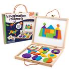 Conjunto de blocos com padrões de madeira MindWare Imagination Magnets Jogo criativo com formas magnéticas em uma maleta de transporte 42 blocos magnéticos de madeira sólida, 50 quebra-cabeças laminados coloridos