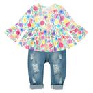 Conjunto de blusa floral com babados e jeans rasgados para meninas - CARETOO