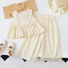 Conjunto De Blusa Sem Mangas Com Bolinhas E Calças Largas Para Bebês Meninas Com Laço E Botão, 2