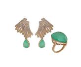 Conjunto de brinco dez voltas e anel com gota esmeralda colombiana fusion banhada a ouro