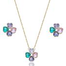 Conjunto De Brinco e Colar Banhado a Ouro 18k Trevo com Zircônia Quartzo, Cristal, Turmalina e Ametista