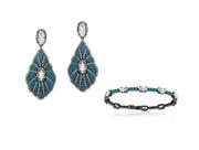 Conjunto de Brincos e Pulseira com Cravação Turquesa e Cristal - Bijuteria Elegante