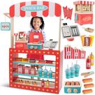 Conjunto de brinquedos de madeira para lanchonete para cinema Pretend Concession Stand Fun O conjunto completo inclui máquina de pipoca, cachorros-quentes, barras de chocolate, refrigerantes, caixa registradora, cartão de crédito e muito mais