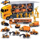 Conjunto de brinquedos para caminhões de construção 11 em 1 fundido sob pressão com caminhão transportador Conjunto de brinquedos para caminhões de construção 11 em 1 fundido sob pressão com caminhão transportador