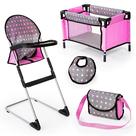 Conjunto de cadeira alta/berço para bonecas Bayer Grey/Pink para bonecas de até 18"