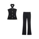Conjunto De Calças Flare E Top Halter Com Botão Dourado Para Mulheres, Conjunto De Moda Em 2 Peças