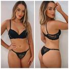 Conjunto de calcinha e sutiã todo em renda com calcinha regulável Essencial Moda Íntima Tamanho M