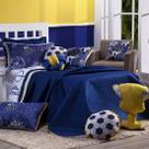 Conjunto de Cama Kit SOLTEIRO 06 Peças Colcha Infantil Cobre Leito Dupla Face Futebol Game Azul Marinho com Almofadas Quarto Menino Copa do Mundo