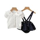 Conjunto De Camisa Branca De Algodão Bordada Com Laço E Macacão Com Babados Para Bebês Meninas No
