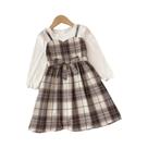 Conjunto De Camisa De Manga Longa Xadrez Para Meninas Com Cinto E Chapéu Estampado 3-7 Anos Vestido