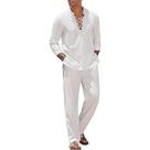 Conjunto De Camisa E Calças De Algodão E Linho Masculino Em Cor Sólida Para Praia, Traje De Férias Conjunto De Camisa E Calças De Algodão E Linho Masculino Em Cor Sólida Para Praia, Traje De Férias