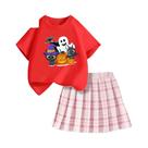 Conjunto De Camiseta Com Estampa De Gato Fantasma De Halloween Para Crianças E Saia Xadrez, Roupa