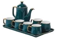 Conjunto De Chá E Café Porcelana Luxo Com Bandeja 8pçs