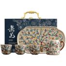 Conjunto de chá Ru Kiln Golden Plum com 3 xícaras, bule e bandeja de cerâmica
