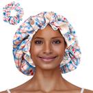 Conjunto de chapéu de cetim Vettres Floral com elástico para cabelos cacheados Conjunto de chapéu de cetim Vettres Floral com elástico para cabelos cacheados