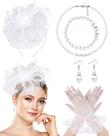 Conjunto de chapéus Bniksok dos anos 1920 White Fascinators com luvas e joias