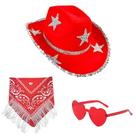 Conjunto de chapéus de cowboy vermelho com bandana de estrelas brancas e óculos de sol de coração