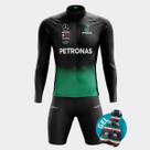 Conjunto de Ciclismo Masculino - Camisa Petronas Preta Manga Longa e Bermuda GEL