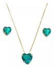 Conjunto De Colar e Brincos Com Pingente Coração Verde + Brinco De Coração Banhado a Ouro 18k
