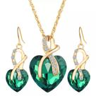 Conjunto De Colar E Brincos Formato de Coração com Pingente Dourado com Verde