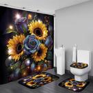 Conjunto de cortinas de chuveiro AZHM Girassol e Rosa com tapetes e ganchos