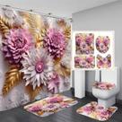 Conjunto de cortinas de chuveiro Chrainy 3D floral rosa e branco com tapetes