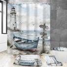 Conjunto de cortinas de chuveiro Chrainy Nautical Lighthouse, 4 unidades com tapetes