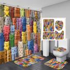 Conjunto de cortinas de chuveiro Colorido Cartoon Cat com tapetes e tampa