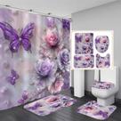 Conjunto de cortinas de chuveiro DDQQ Purple Glitter Floral com tapetes, 4 peças