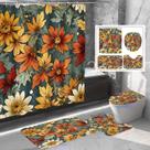 Conjunto de cortinas de chuveiro, floral de outono, impermeável, 4 peças de poliéster