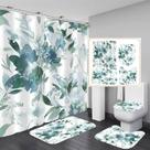 Conjunto de cortinas de chuveiro FZDHHY Green Leaves Flower com tapetes, 4 unidades