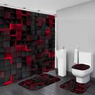 Conjunto de cortinas de chuveiro LQCOOL 3D Cubes pretas com tapetes vermelhos, 4 unidades
