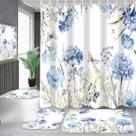 Conjunto de cortinas de chuveiro Pretyw Blue Floral com tapetes de 4 peças