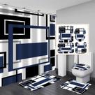 Conjunto de Cortinas de Chuveiro Yddsky - Geométrico Azul com Tapete e Ganchos (4 Peças)