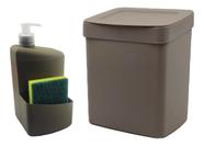 Conjunto De Cozinha Lixeira 2,5 Litros Dispenser Porta Detergente Esponja Pia Cozinha Cinza - Utility