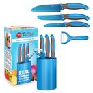 Conjunto de cozinha TruChef Kids de 5 peças com facas, descascador e suporte azul
