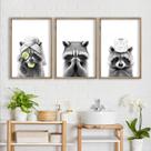 Conjunto de decoração de arte de parede Raccoon Bathroom, 3 peças, moldura de madeira de 40 x 28 cm