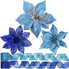 Conjunto de decoração de Natal Winlyn 26 Blue Glitter Poinsettia
