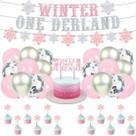 Conjunto de decorações de aniversário Winter Onederland, 30 unidades rosa e prata Conjunto de decorações de aniversário Winter Onederland, 30 unidades rosa e prata