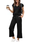 Conjunto de Dois Peças Saloogoe Calça Cropped Pantalona Blusa Decote V Preta P