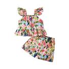 Conjunto De Duas Peças Para Bebês Meninas De Verão Com Estampa Floral E Shorts Com Suspensórios