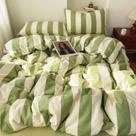 Conjunto de edredom LifeTB em tamanho real, listrado, verde, branco, 3 peças