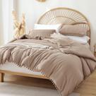 Conjunto de edredom YIRDDEO Queen Size com Ball Pom Fringe Taupe