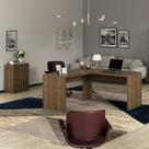 Conjunto de Escritório com Balcão 2 Portas e 1 Prateleira e Mesa Angular em L 157,3cm MDP Amêndoa Tecnomobili Conjunto de Escritório com Balcão 2 Portas e 1 Prateleira e Mesa Angular em L 157,3cm MDP Amêndoa Tecnomobili
