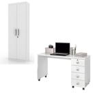Conjunto De Escritório Office Escrivaninha Com Rodizios Multiuso Branco Brilhante