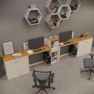 Conjunto De Escritório Tech 1 Livreiro 2 Buffet E 2 Mesas 90 - Off White E Cedro Off White E Cedro
