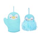 Conjunto de esponja de banho e luva pinguim azul tam 24x17